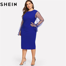 Load image into Gallery viewer, Black Pearl Beading Mesh Ruffle Sleeve Plus Size Elegant Womens Bodycon Dresses 2018 Blue Stretchy Solid Slim Pencil Dress