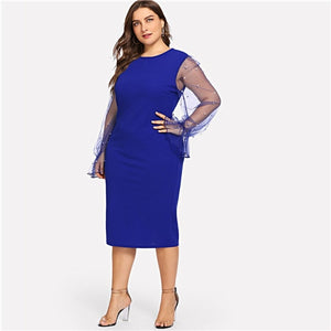 Black Pearl Beading Mesh Ruffle Sleeve Plus Size Elegant Womens Bodycon Dresses 2018 Blue Stretchy Solid Slim Pencil Dress