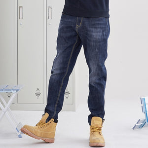 Thick fleece warm jeans male quality solid trouser