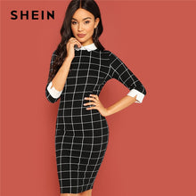 Load image into Gallery viewer, Black Office Lady Plaid Contrast Collar And Cuff Grid 3/4 Sleeve Pencil Dress 2018 Autumn Elegant Workwear Women Dresses